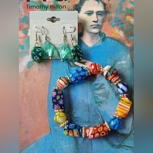 Multicolor Glass Milleflori Stretch Bracelet And Murano Glass Earrings Set 💙💫